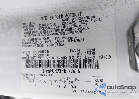 2017 Ford Fusion Se из США, поврежденный, VIN 3FA6P0H93HR122636